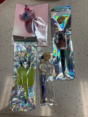 Cute Character Pens and Keychains Collection - Pink, Lime, Blue, Black